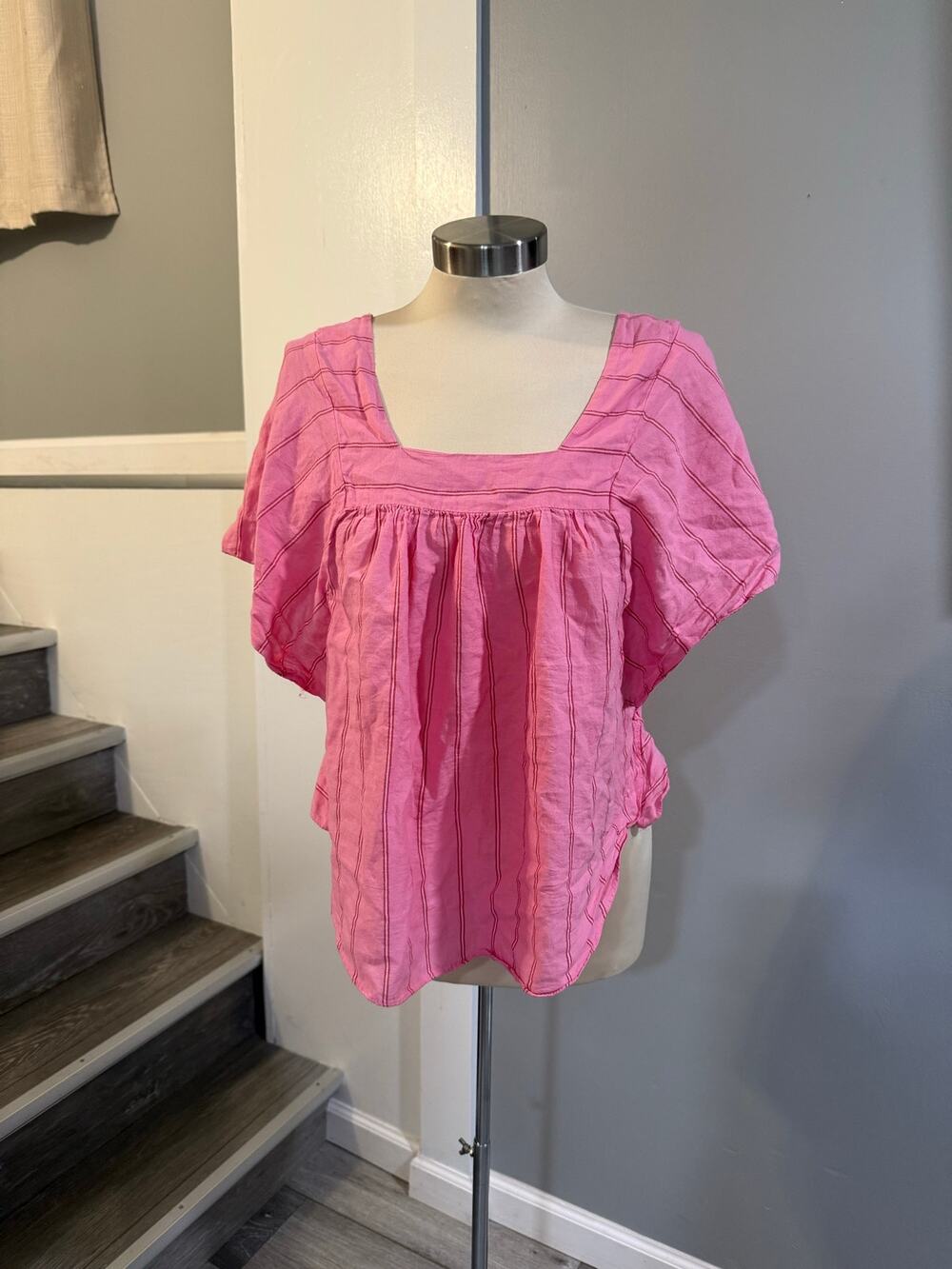 Madewell Pink Striped Square Neck Babydoll Blouse Top Size Medium